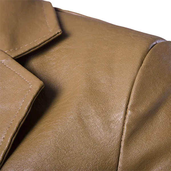 Fashion Solid Color Long Sleeve Notched Lapel Man's PU Leather Coat