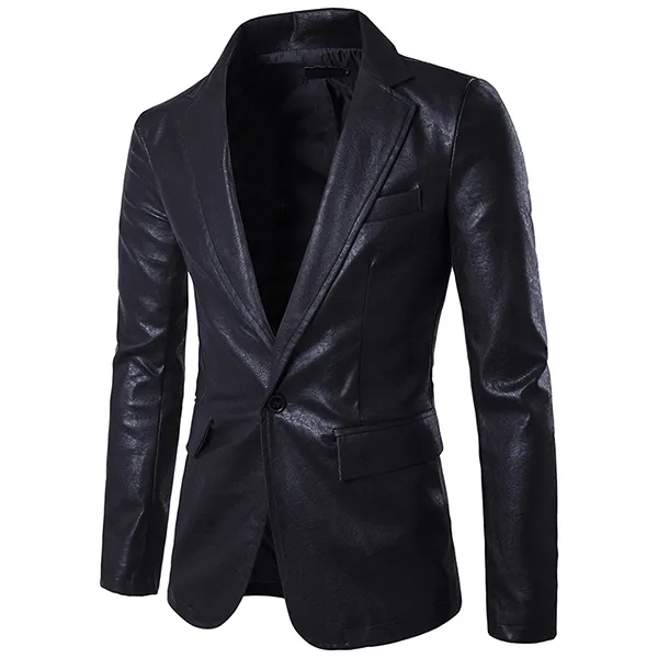 Fashion Solid Color Long Sleeve Notched Lapel Man's PU Leather Coat
