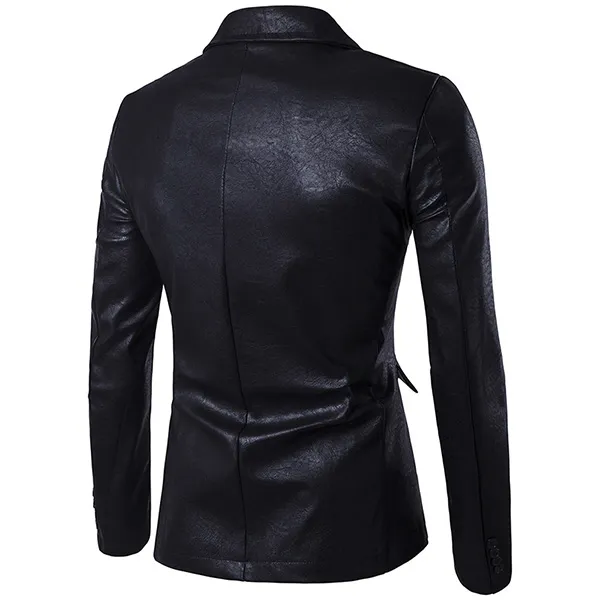 Fashion Solid Color Long Sleeve Notched Lapel Man's PU Leather Coat