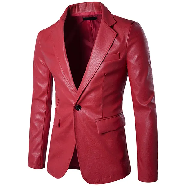 Fashion Solid Color Long Sleeve Notched Lapel Man's PU Leather Coat