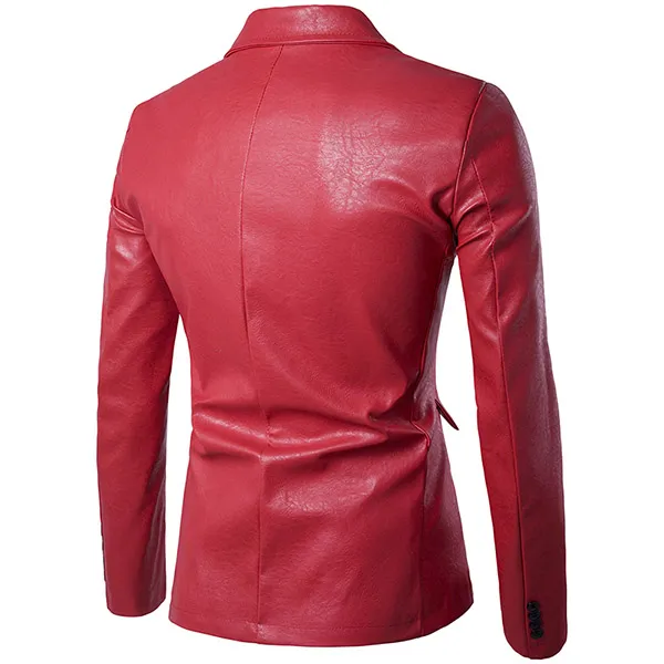 Fashion Solid Color Long Sleeve Notched Lapel Man's PU Leather Coat