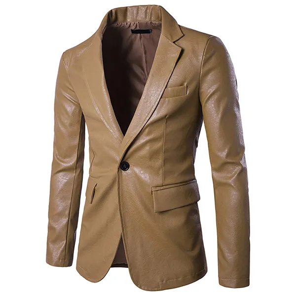 Fashion Solid Color Long Sleeve Notched Lapel Man's PU Leather Coat