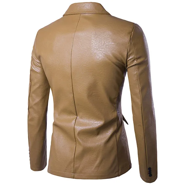 Fashion Solid Color Long Sleeve Notched Lapel Man's PU Leather Coat